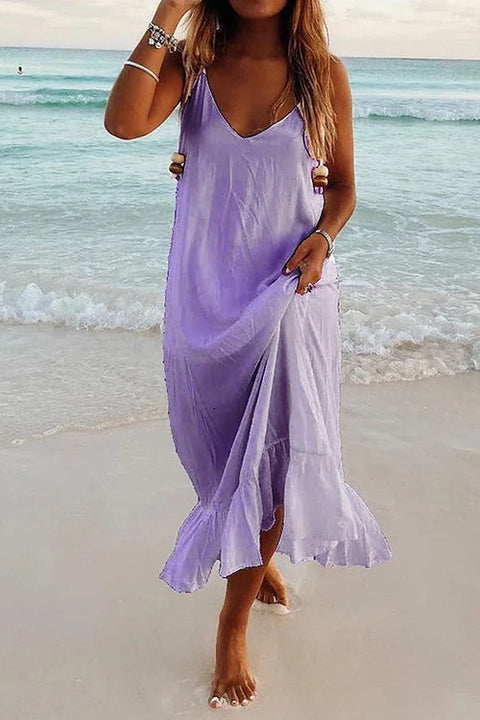 Kelsidress Solid Sleeveless V Neck Ruffle Beach Dress